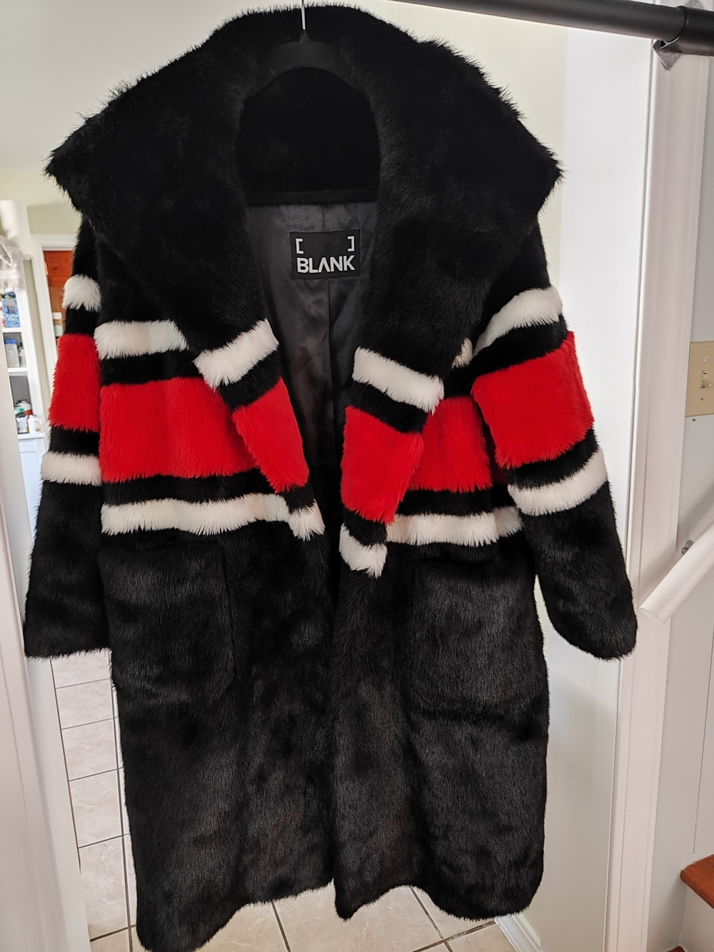Blank NYC Black Faux Fur Peacoat with Red and White Stripes
